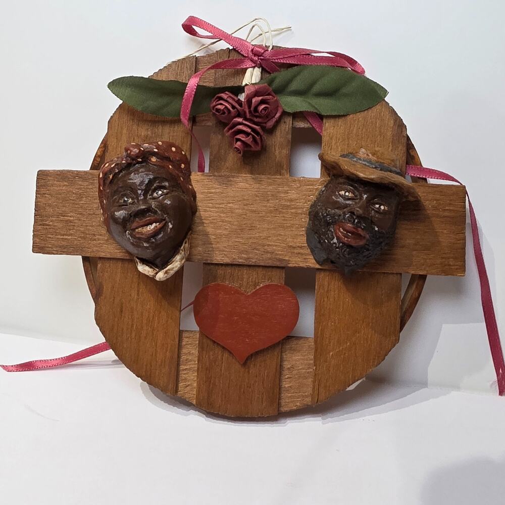 Vintage 1987 Hand-Made Clay Faces with Wooden Heart Signed Wall Hanging Folk Art